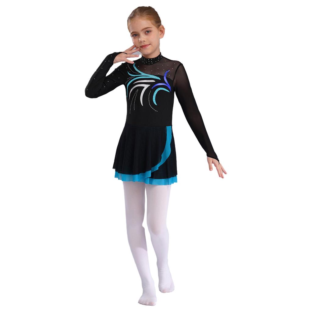 Girls Figure Skating Dress with Sparkly Rhinestones Sheer Mesh Patchwork Long Sleeve for Dance Performance