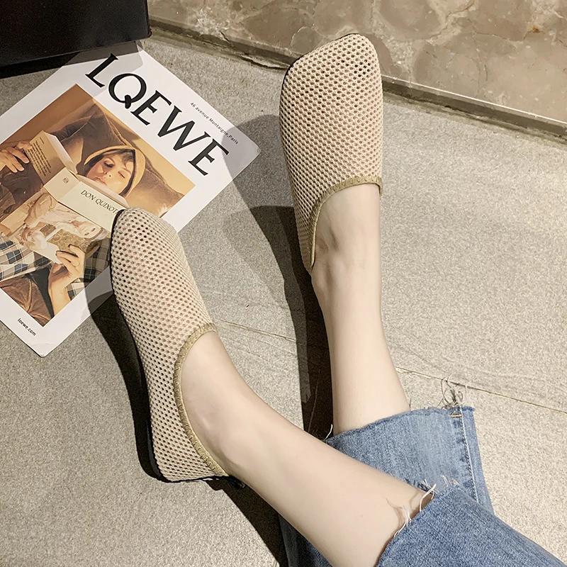 Fashion 2025 Summer Women Flats Hollow Design Breathable Mesh Casual Shoes Solid Color Square Toe Large Size Zapatos De Mujer Flats