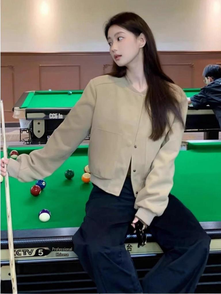 Petite Women's Khaki Short Baseball Jacket - Casual Loose Fit for Autumn and Winter