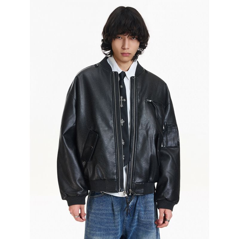 Blaexit Double Zipper Quilted Leather Jacket for Men, Thickened, Stylish and High-End Short Cotton Flight Jacket