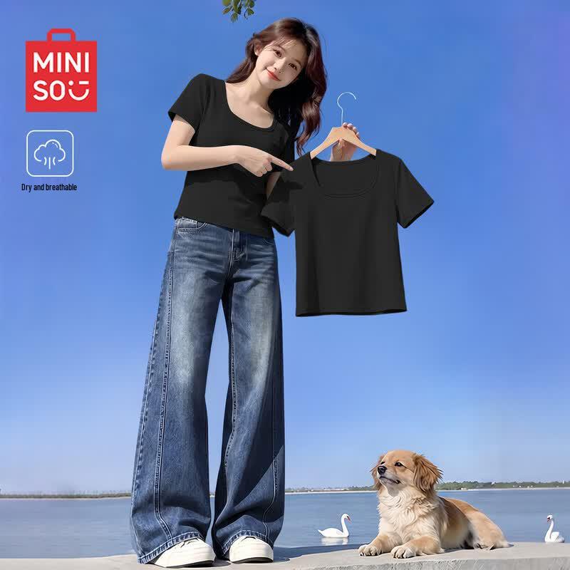 MINISO Women s 2026 Summer Square Collar Short Sleeve T-Shirt M