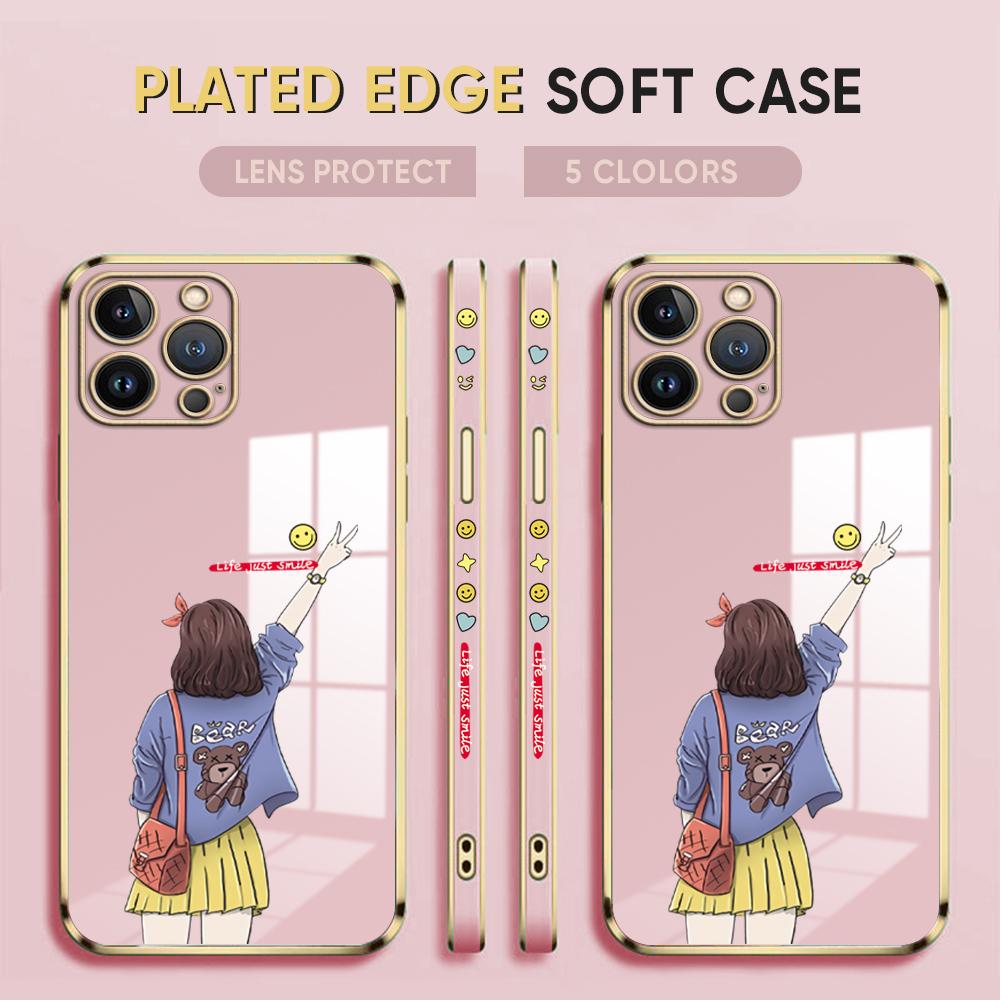 Cartoon Lovely Girl Plating Phone Case for iPhone 11 13 15 Samsung Galaxy A52 Xiaomi Redmi 12C Note 10 Pro Oneplus Soft Smartphone Cover Cases