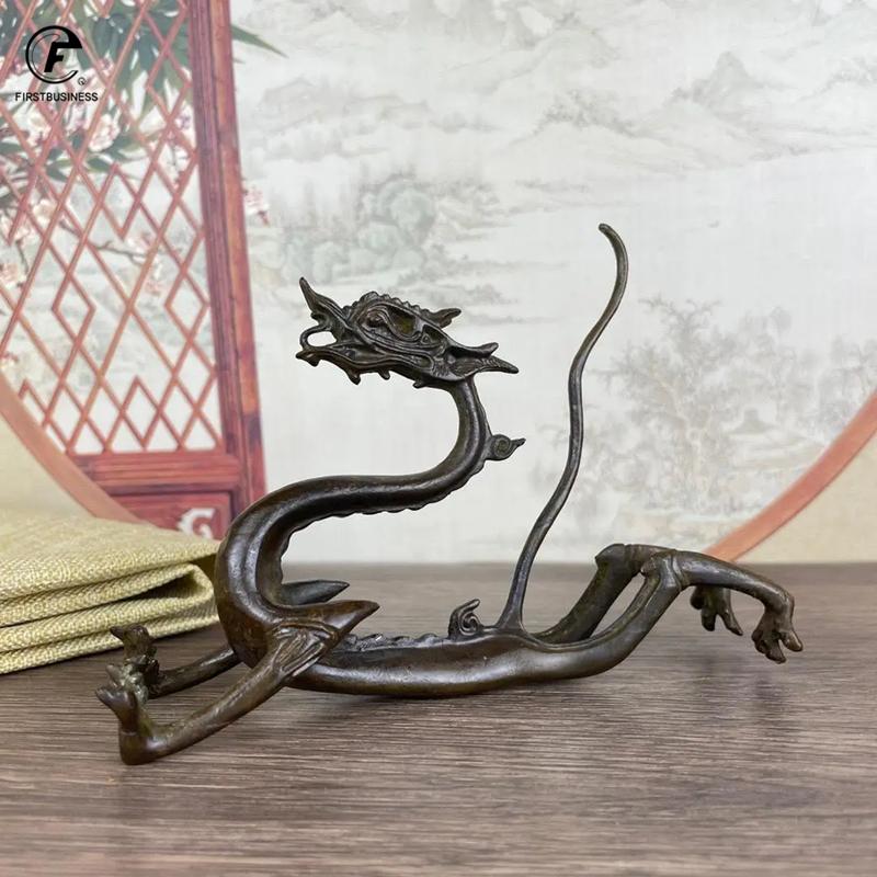 Antique Copper Chinese Dragon Statue Small Ornament Vintage Metal Beast Figurines Desk Decorations Accessories Home Decor Crafts