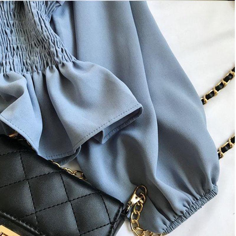 Women's Ruffled Chiffon Shirt Short Top Sexy Off-the-shoulder Off-the-shoulder Long Sleeve Waist Shirt Women Blouse Lantern Sleeve