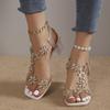 Women's Flower Rhinestone Block Heel Sandals, Fashion Square Open Toe Elastic Strap Slip On High Heels, Versatile Sandals
