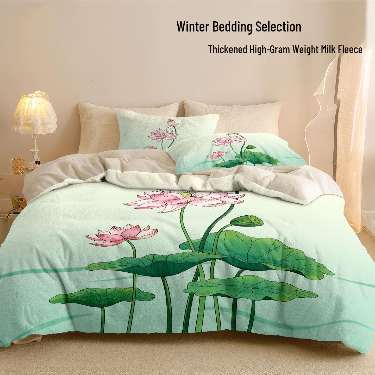 Lotus Milk Velvet 4-Piece Bedding Set: New Chinese Style, Double-Sided Winter Duvet & Thickened Bed Sheet Milk velvet printed duvet cover - 180x220cm