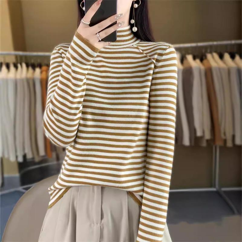 Autumn and Winter Women's Knitted Sweater New Semi-turtleneck Striped Bottoming Shirt with A Thin Long-sleeved Sweater