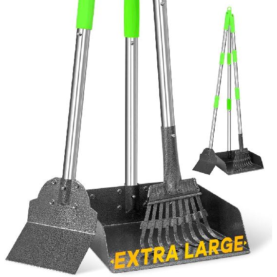 TOOGE Larger Pooper Scooper, Dog Pooper Scooper for Large Medium Small Dogs Heavy Duty Long Handle Metal Tray Rake Shovel Set for Yard Grass