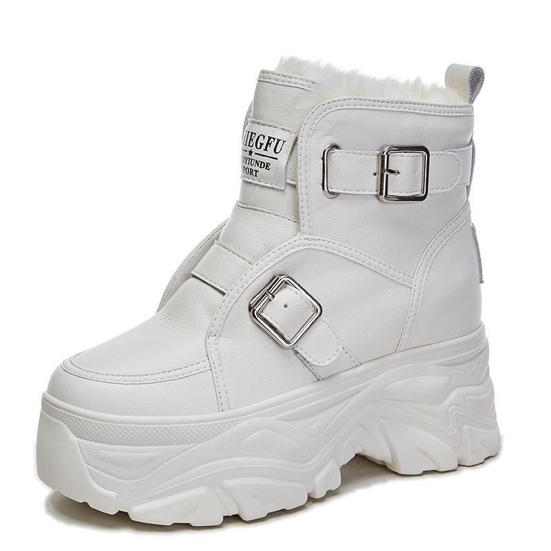 Fashion 8CM Genuine Leather Women Warm Animal Hair Chimney Hidden Heels Platform Wedge Autumn Winter Plush Booties Warm Fashion Shoes