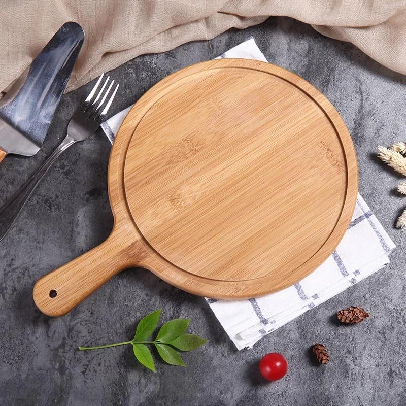 Bamboo-wood pizza tray round handle Japanese-style household western-style steak tableware Pizza tray bottom supports solid wood