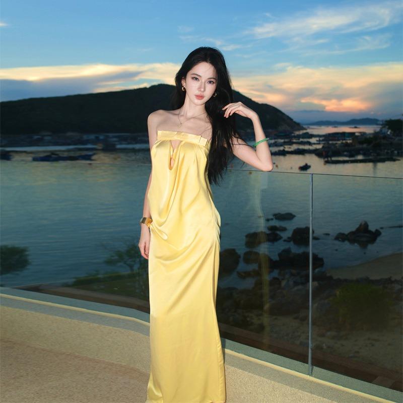 Madai Kota Kinabalu Seaside Travel Beautiful Yellow Tube Top Dress Female Sexy Backless Word Holiday Dress S жёлтый
