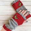 Gants en tricot sans doigts avec broderie de chat et patchwork, Gants décontractés ouverts aux doigts tendance pour femme, Mitaines chaudes d'hiver sans doigts