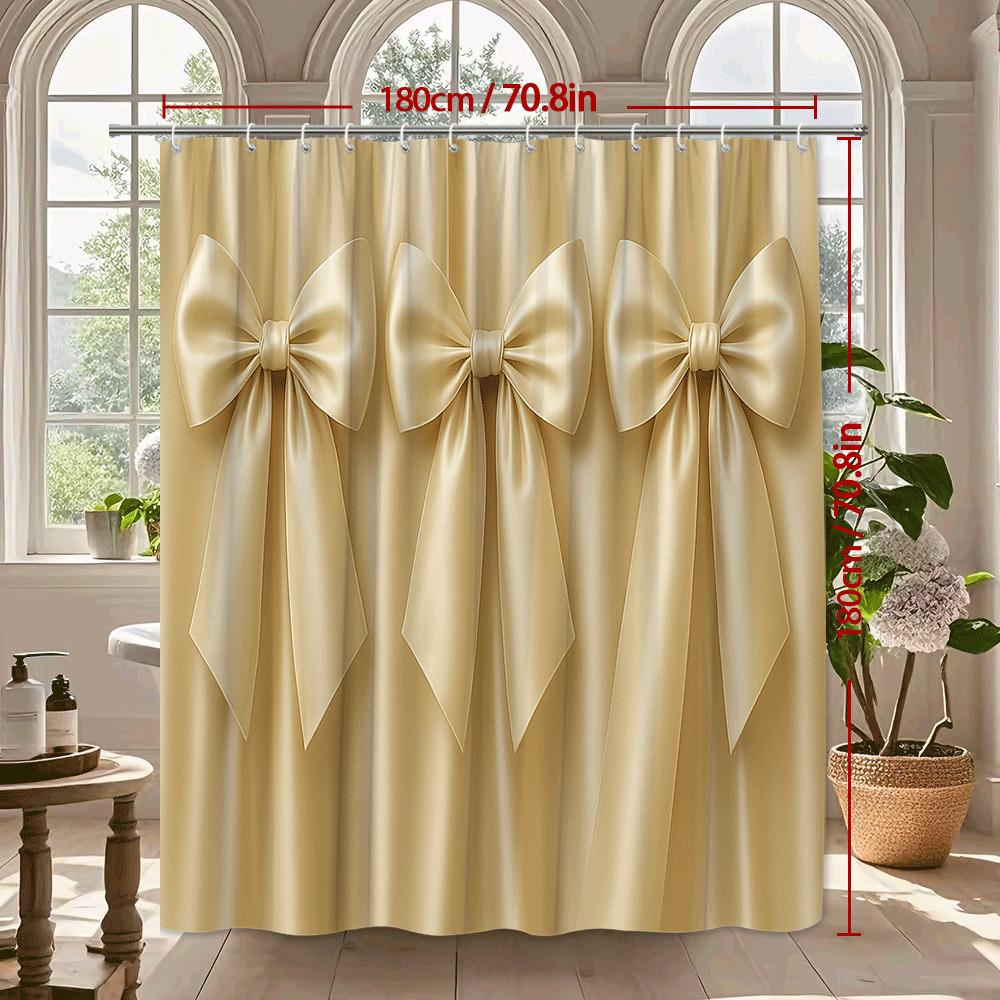 Golden Bow Shower Curtain Elegant Satin Ribbon Design Luxury Bathroom Decor Waterproof Easy To Install Elevate Your Space