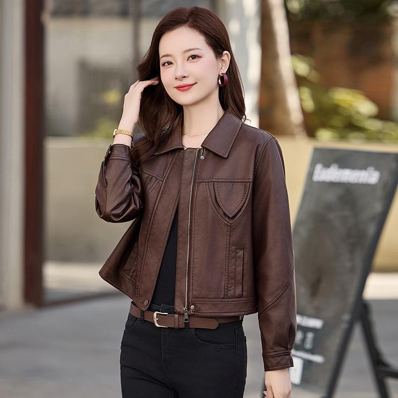 

Women s PU Leather Jacket - Spring 2025 Turn-Down Collar Short Coat XXL: 125-135 jin