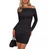 Fashion Long Sleeve Slash Neck Sexy Dress Female New Solid Color Backless Pleated Women Bag Hip Bodycon Party Dress Elegant Short Dresses 99