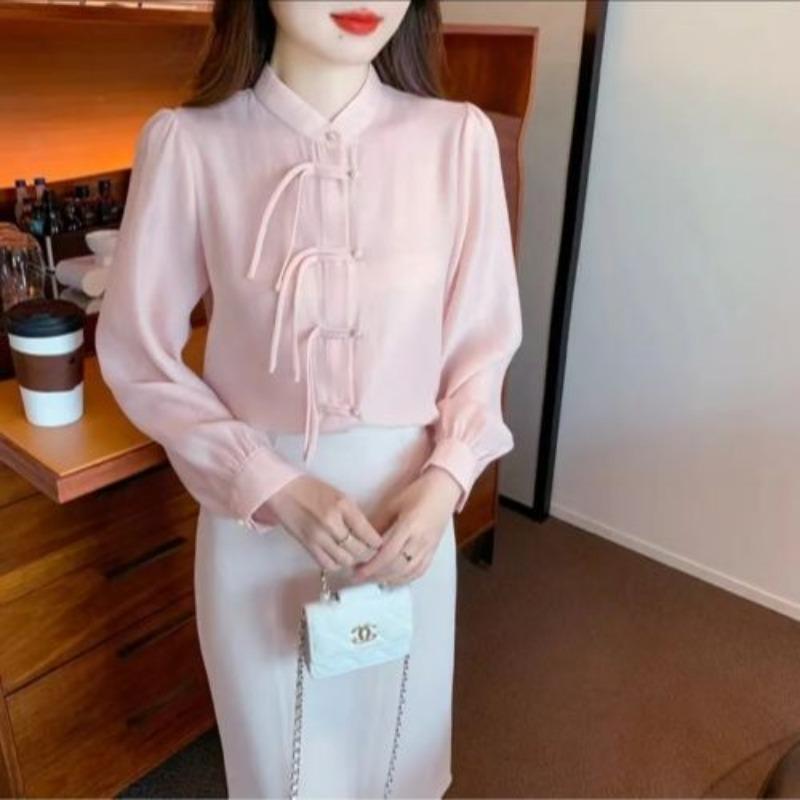 Chinese Style Button-up Shirt Long-sleeved Women s New Chinese Style Stand Collar Shirt Spring New Young Fashion Versatile Top S розовый