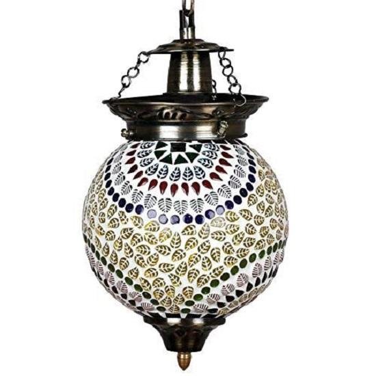 Spherical Shaped Glass Pendant/Hanging Turkish Lamp, Bulb Not Included (Multicolour, Made In India)