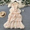 French romantic style V-neck neck floral dress women's summer sleeveless ruffle cake dress looking thin