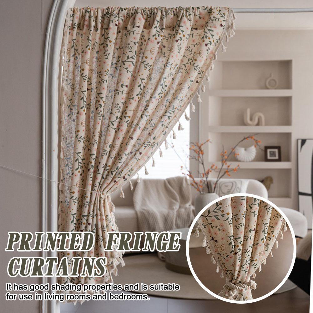 Polyester Cotton Printed Fringe Curtains Semi-Blackout Windows Curtains With Tassels Cotton Linen Curtains Panels For Bedroom