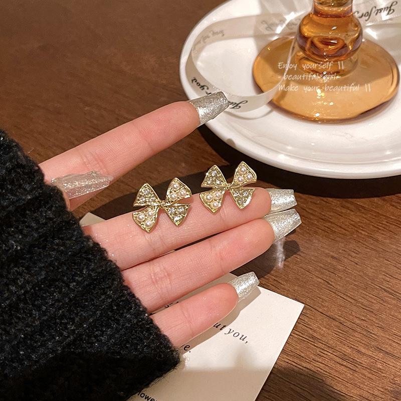 Elegant Bow Pearl & Diamond Earrings: S925 Silver for Women