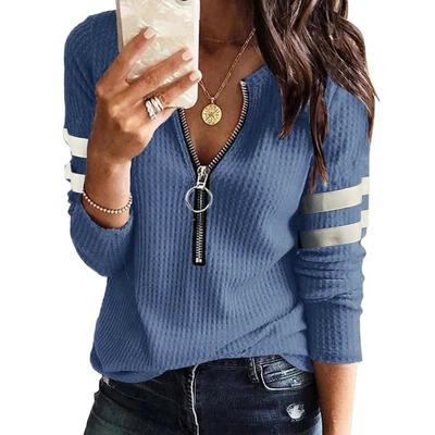 Großformat Damen Reißverschluss V-Ausschnitt Patchwork Langarm T-Shirt Top