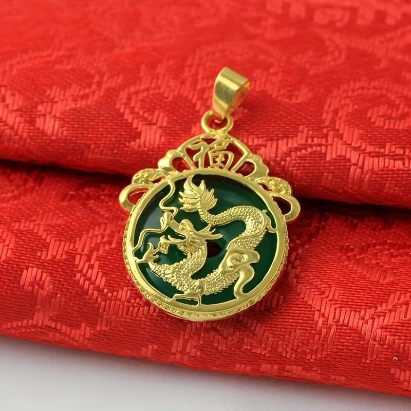 Domineering Men's Gold Inlaid Jade Circular Pendant Chalcedony Necklace Safety Clasp Lucky Dragon Pendant Necklace Accessories
