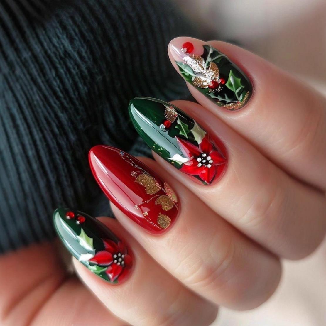 Retro Almond-Shaped Christmas Nail Tips: Red Flowers & Green Leaves Nail Art Stickers