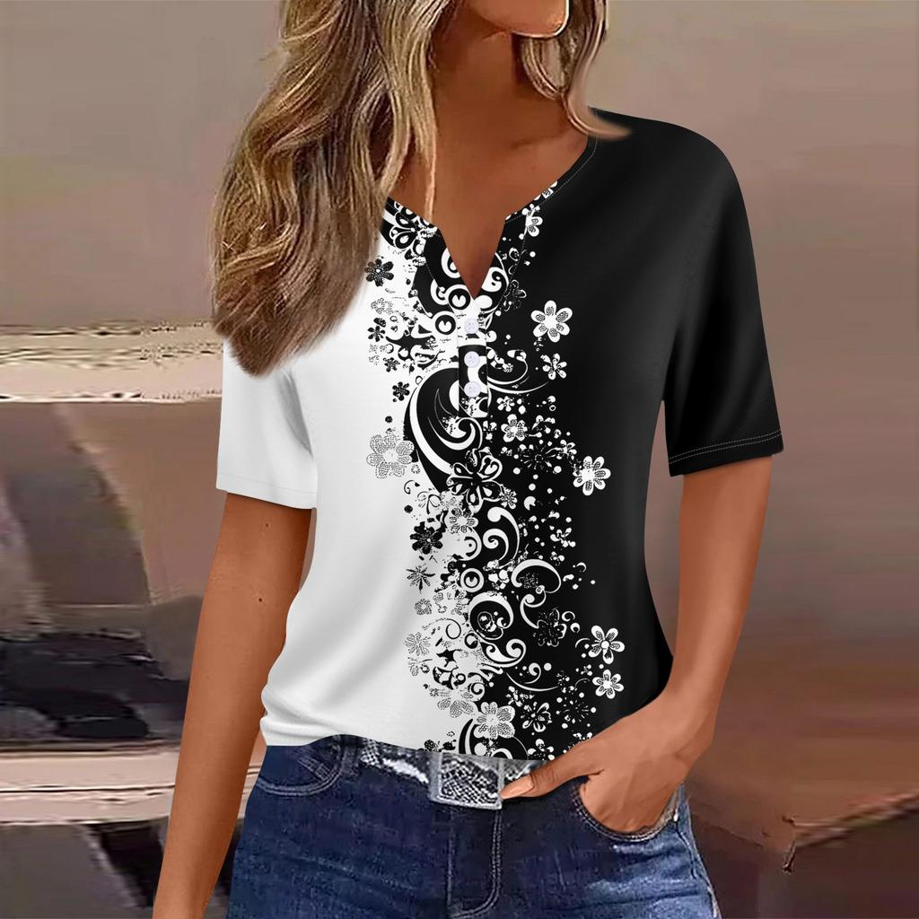 Women's T Shirt Print Button Short Sleeve Daily Weekend Fashion Basic V- Neck Regular Top