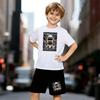 Boys 2 Piece Cartoon Print Outfit, Short Sleeve T-Shirt and Shorts Set for Kids Age 5-14, Black and White Sporty Casual Summer Clothes