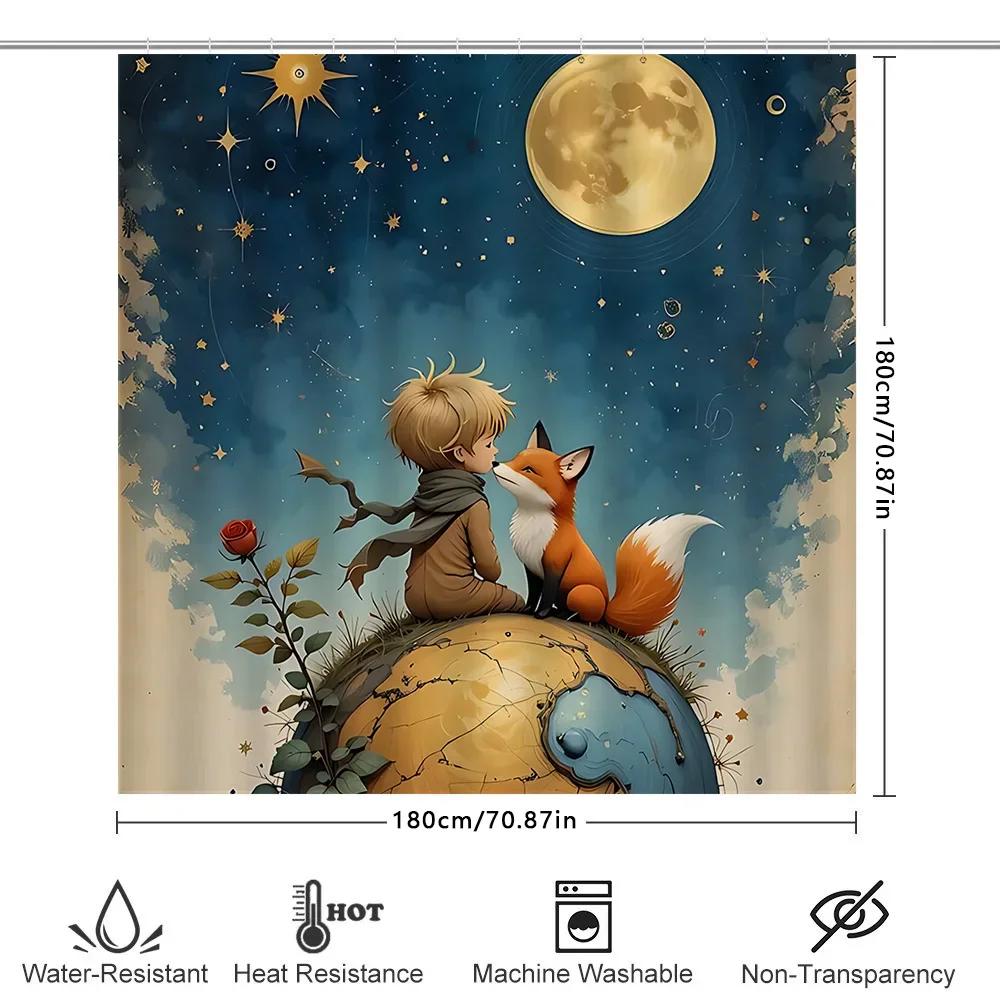 Urocza zasłona prysznicowa Mały Książę i Lis - Kosmiczny motyw fantasy dla dzieci i dorosłych - Trwała wodoodporna tkanina