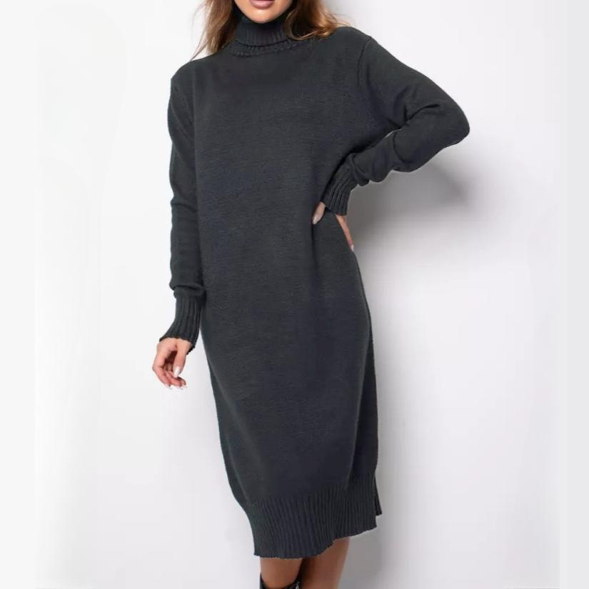 GMXIA Women's High Neck Knit Dress Autumn and Winter New Loose Inside-out Solid Color Thin Sweater Dress