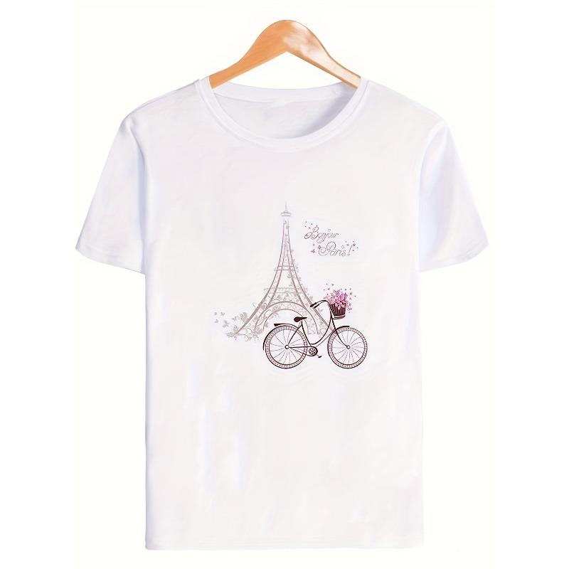 European Size Women's Paris Tower Print White T-Shirt, Round Neck Short Sleeve, Spring/Summer Women's Clothing