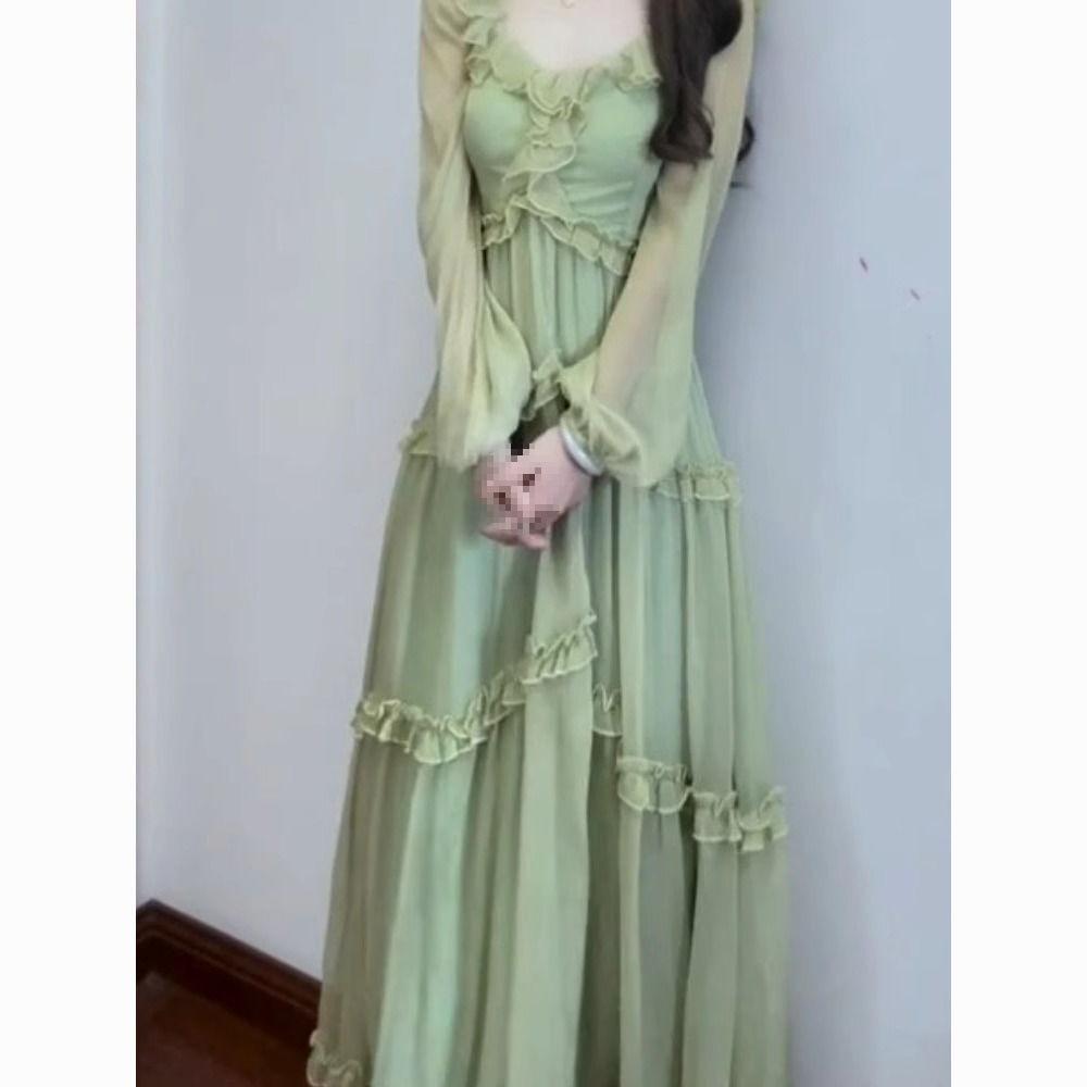 2026 Spring/Summer Trend: French Resort Style Green Chiffon Lace Long Dress