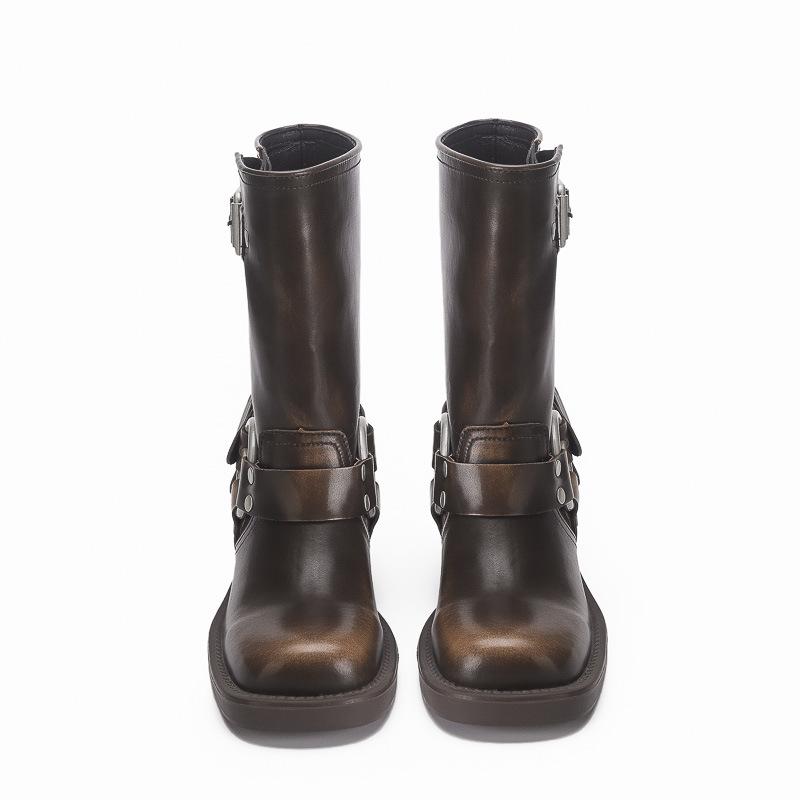 Polierte Retro-Western-Cowboystiefel Ritterstiefel dicker Absatz mittelhohe Zigarettenstiefel 2025 neue eckige Spitze Lokomotivstiefel