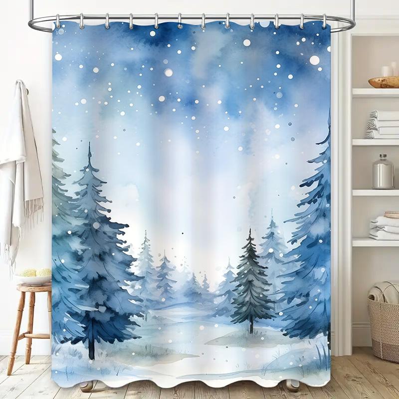 Watercolor Blue Forest Trees Shower Curtain Waterproof Decoration for Bathroom Winter Wonderland Theme Bath Mat Set with Hook Ri