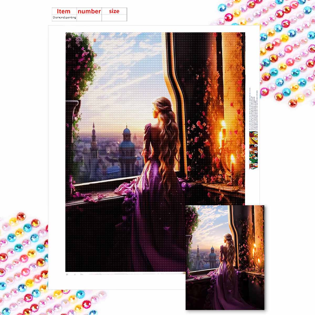 

Полная круглая алмазная живопись Принцесса на балконе Искусство Стразы Картина Мозаика DIY 5D Вышивка крестом Домашнее украшение Round 20x30cm