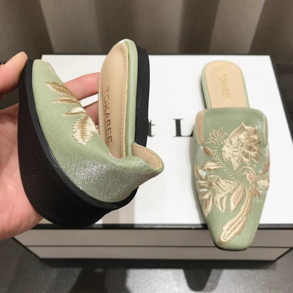 Women's Mules Embroidered Bag Head Half Slippers Women's Outer Wear Spring and Summer Retro Versatile Flat Soled Muller Shoes