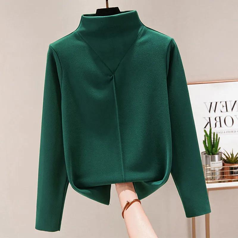 Warm Double-sided German Velvet Semi High Neck Self Heating Slim Fit Versatile T-shirt with Cationic Base for Women