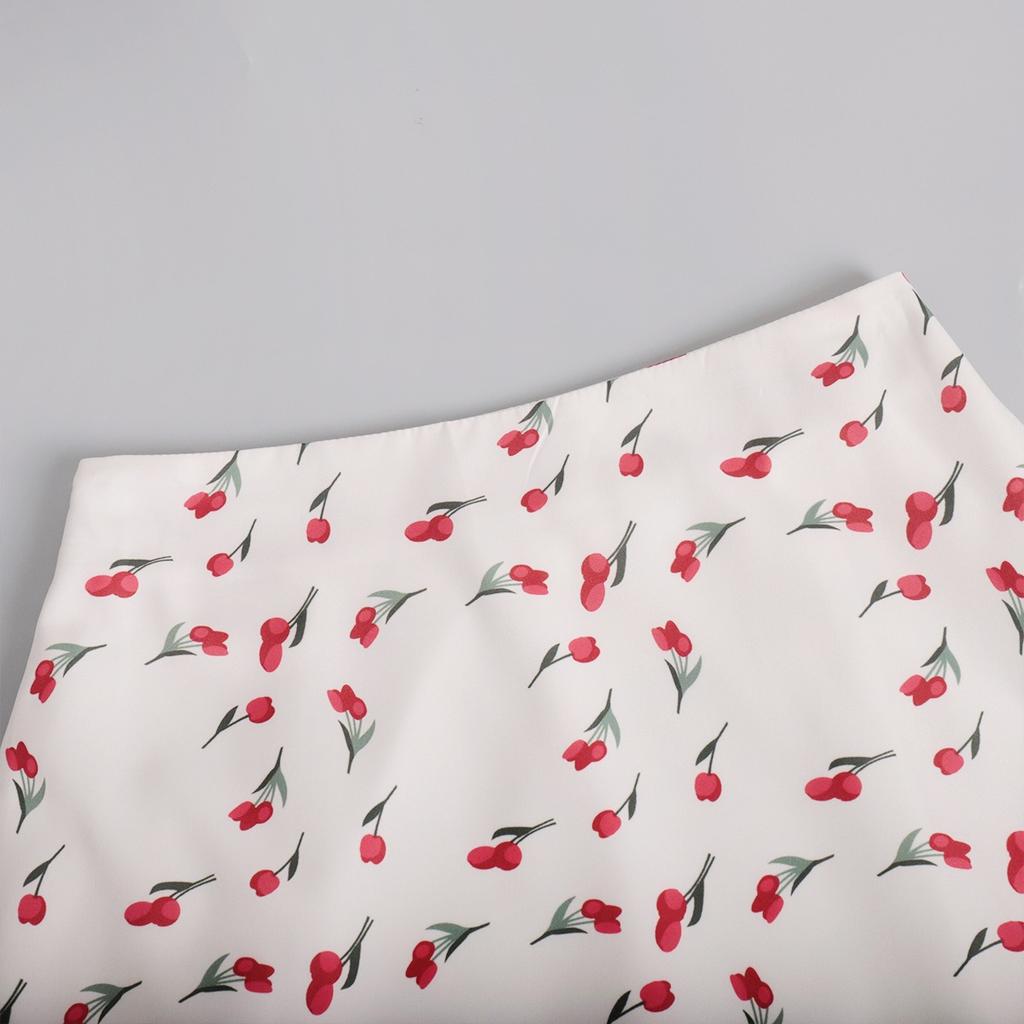 Spring Women's Elegant High Waist A-line Mermaid Hem Floral Cherry Print Skirt Vintage Crossborder European American Style Skirt