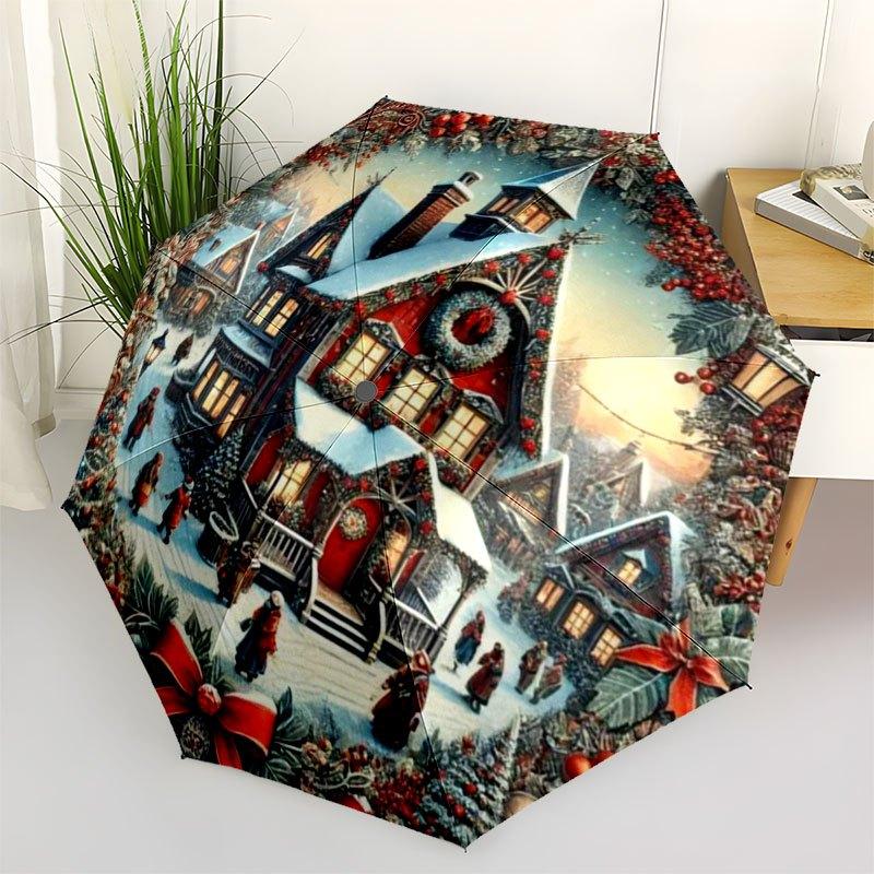 Christmas Village Scene with Snowy Houses and Festive DecorationsUmbrella with Cute Design,Portable 3-Fold Compact Umbrella for Men&Women,Va