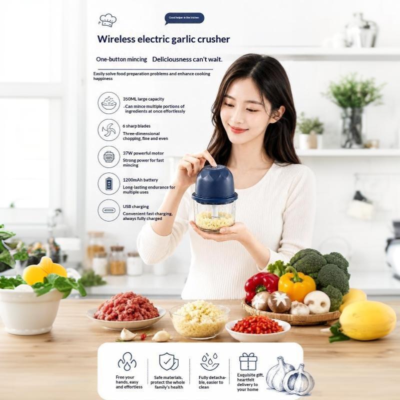 Wireless Electric Garlic Chopper 2 Stainless Steel Blades 250Ml Glass Container For Home Kitchen Mincing Garlic Veggies Spices
