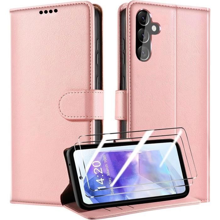 Coque de protection - BOOLING - Samsung Galaxy A55 5G - Rose - Antichoc Effet Cuir - Porte-cartes