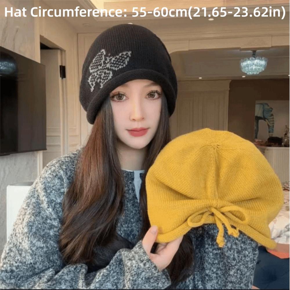 Butterfly Pattern Drawstring Beanie Cap Windproof Ear Protection Hat Casual Cover Head Cap  Women