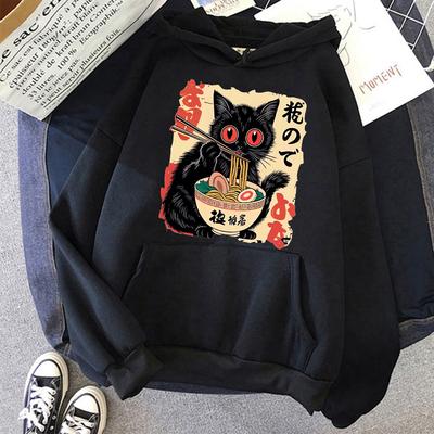 Damskie japońskie bluzy z kapturem Ramen z czarnym kotem, urocze, graficzne bluzy z kapturem i nadrukiem, zabawny kot jedzący Ramen, długi rękaw, vintage