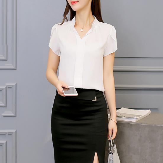 Office Lady Formal Summer Solid Color Chiffon Blouse V Neck Short Sleeve Shirt