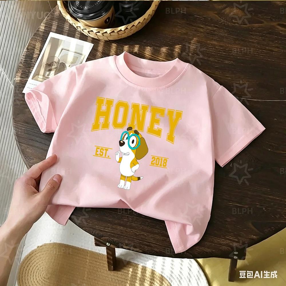 Kids Cute Honey Bluey Printed T Shirt Casual Soft Short Sleeve Tees for Boys Girls Cartoon Comfortable Summer Tops Est 2018