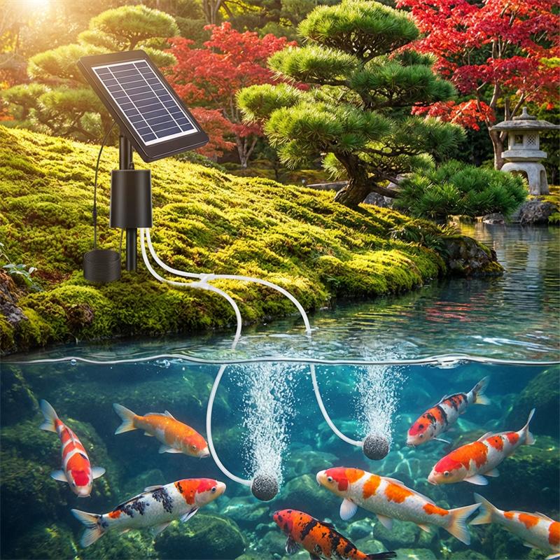 Solar Air Pump/Pond Pump, 4W Upgraded Solar Panel Built in 2200mAh Battery, with Double Air Bubble Stones, for Aquarium Pond Etc