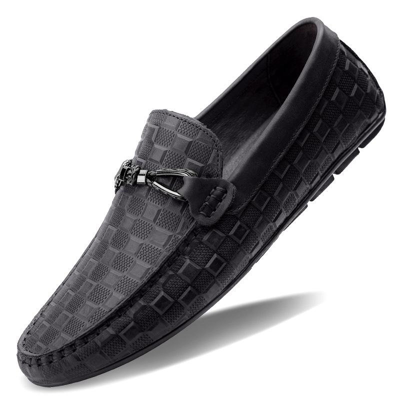 Cross-border Couple Slip-on Plaid Loafers: Handmade Large Size Flat Leather Casual Shoes 39
