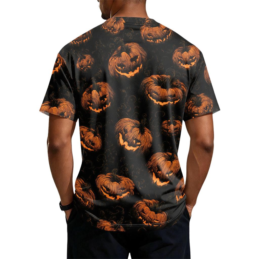 Men's Halloween Print Short Sleeve Henley Shirt Casual Button Up Top with Pumpkin Pattern Lightweight Breathable Fabric for Everyday Wear
