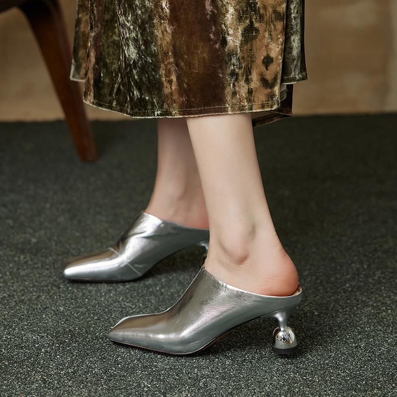 Fashion 2025 Women's New Spring/Summer Square Toe Genuine Leather Sheepskin Baotou High Heel Large Muller Half Slippers Heels Women